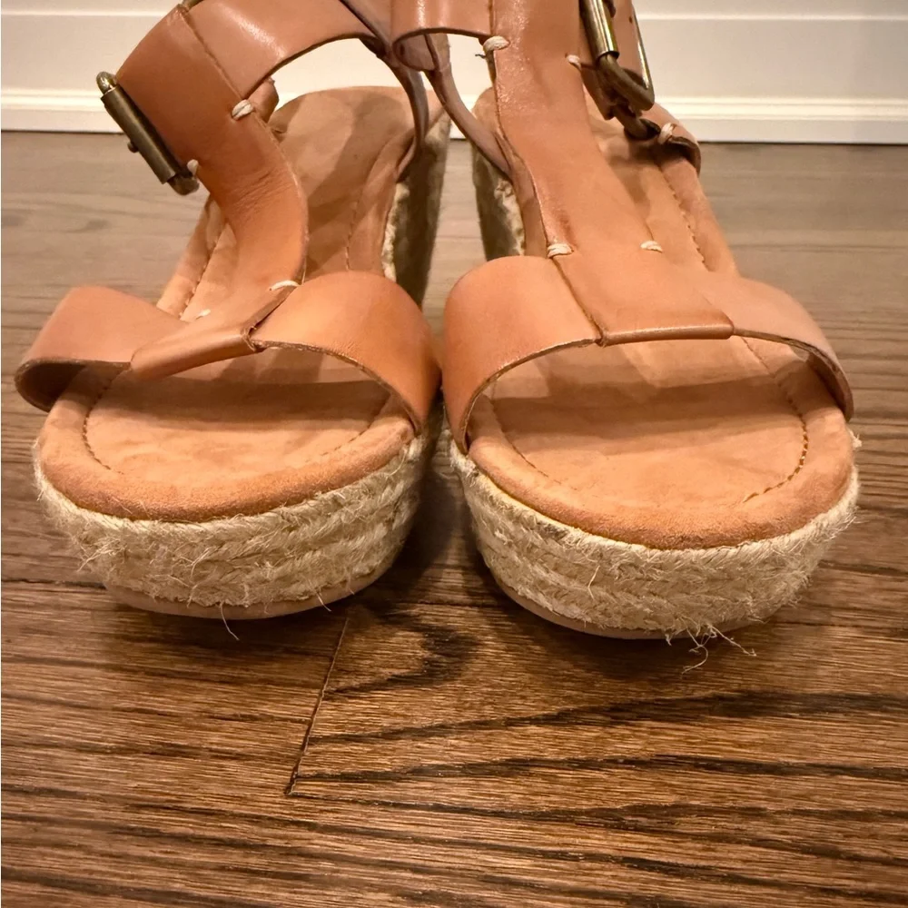 Lucky Brand Fiora Tan Leather Espadrille Wedge Sandals Size 8.5